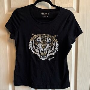 Guess Black Tee with Sequin Tiger Motif